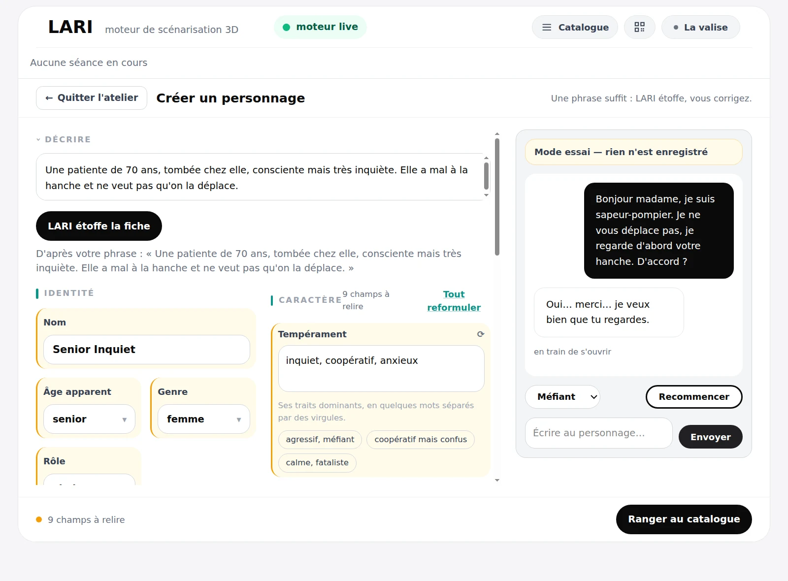 L’atelier de personnage : une phrase décrit le personnage, LARI remplit la fiche, le formateur relit et corrige