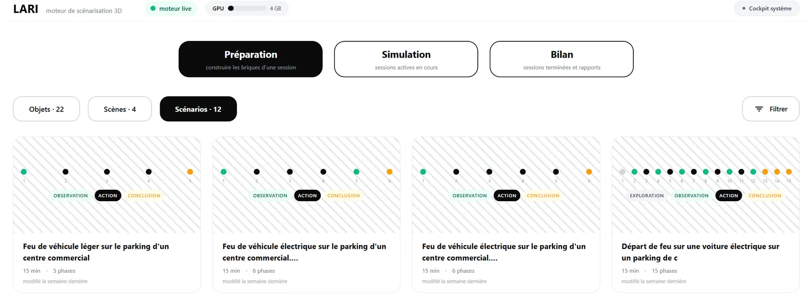 L’écran Préparation du cockpit LARI : scénarios composés par phases, durée et jalons