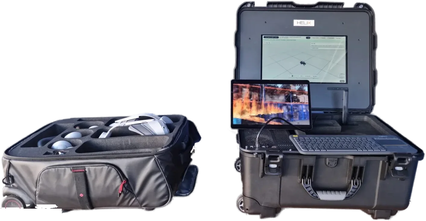LARI embarqué dans une valise : unité de calcul, écrans de pilotage et sac de casques de réalité mixte